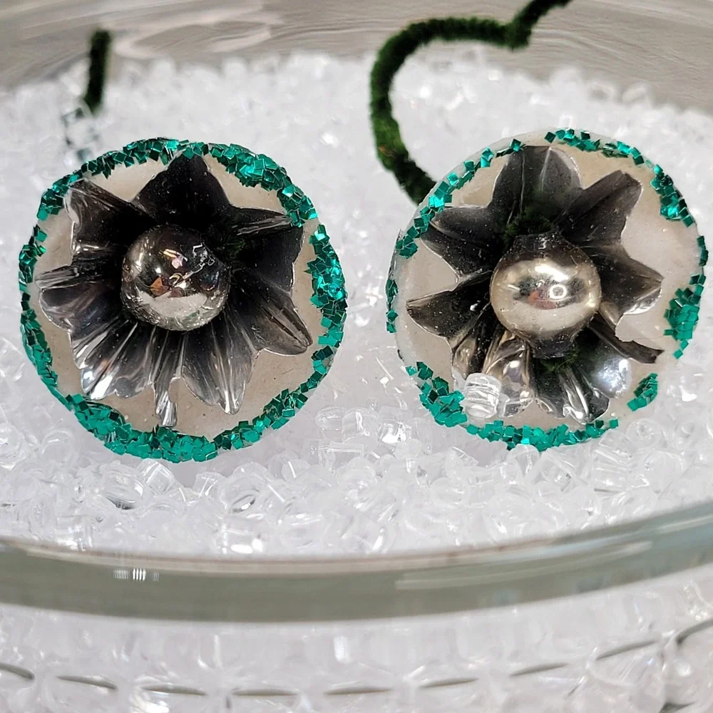 2 Green Glitter Sugar White Bells Insert Pipe Cleaner‎ Christmas Tree Ornament